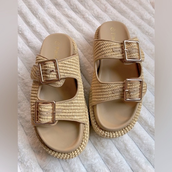 Raffia Platform Sandals with Double Buckle – Neutral Beige - Picture 2 of 7